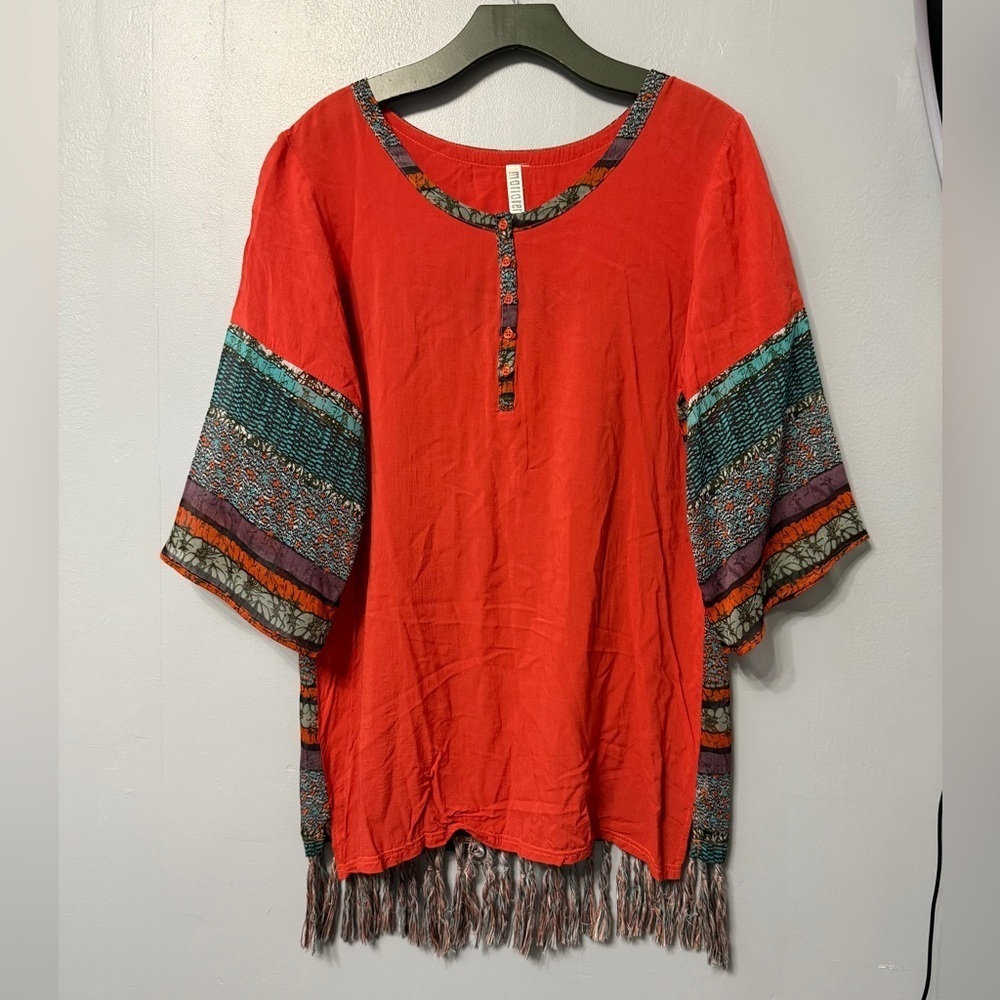 #12)  Monoreno Vibrant Red and Multicolor Tunic